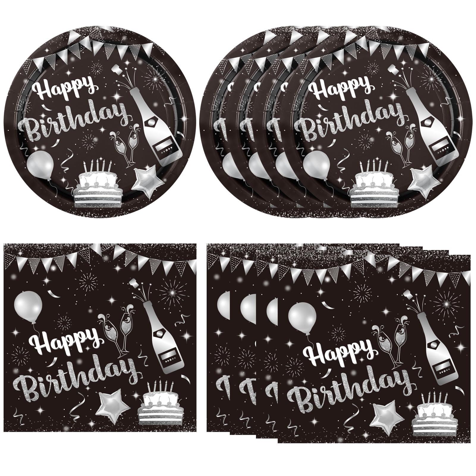 40PCS Birthday Party Decorations Black Silver Happy Birthday Party Disposable Tableware Kit Included Paper Plates and Napkins Set for Men Women