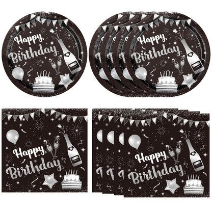 40PCS Birthday Party Decorations Black Silver Happy Birthday Party Disposable Tableware Kit Included Paper Plates and Napkins Set for Men Women