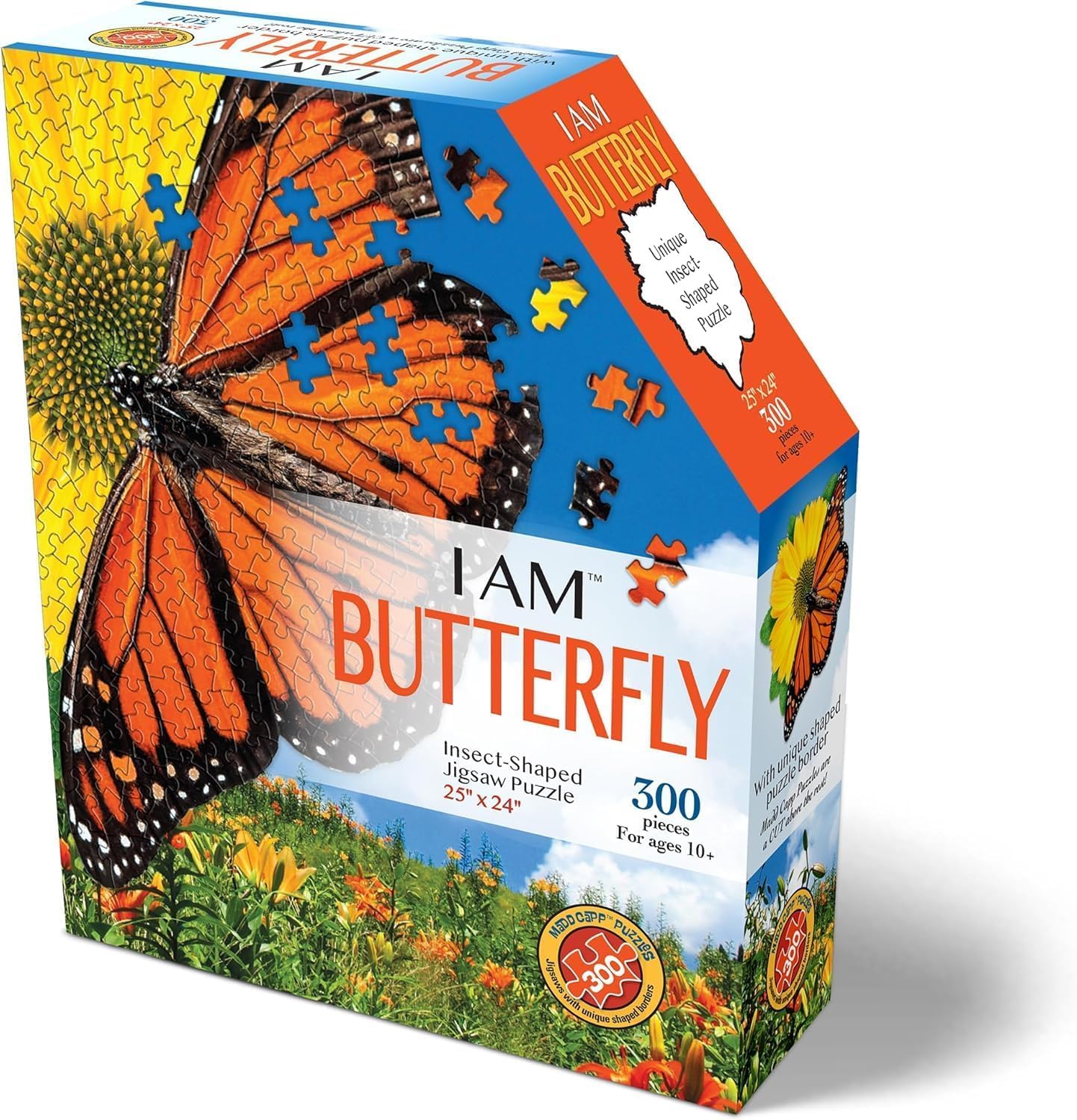 Madd CAPP: I Am Butterfly - 300 Piece Puzzle - Insect-Shaped Jigsaw, 25" X 24" Finished Size, Poster Reference, Educational Fun Facts Booklet