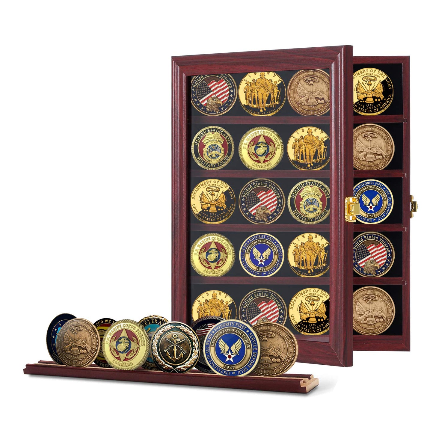 Jinchuan Military Challenge Coin Display Case Lockable Cabinet Rack Holder Shadow Box with Removable 2 Grooves Shelves and Anti Dust Door for Casino