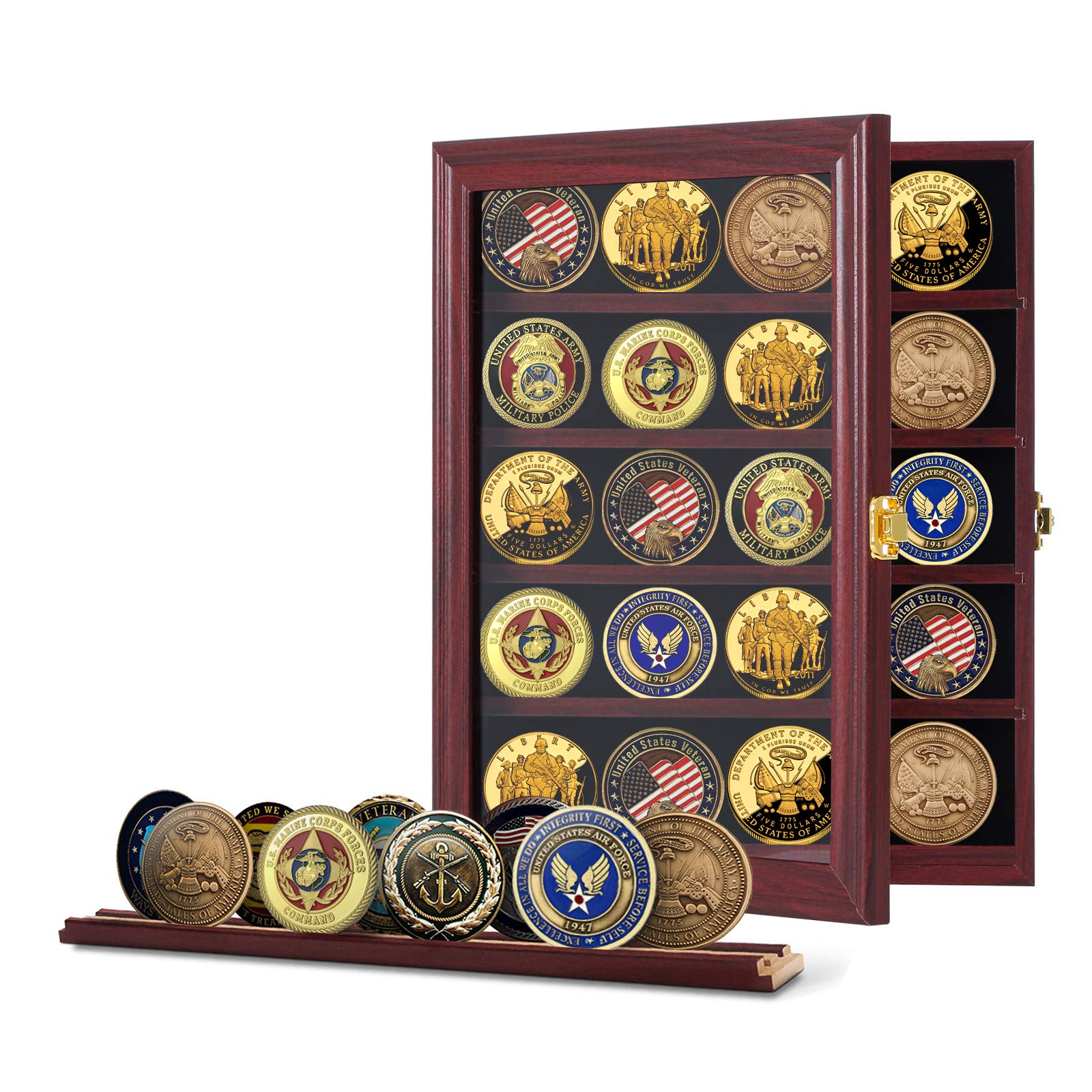 Jinchuan Military Challenge Coin Display Case Lockable Cabinet Rack Holder Shadow Box with Removable 2 Grooves Shelves and Anti Dust Door for Casino