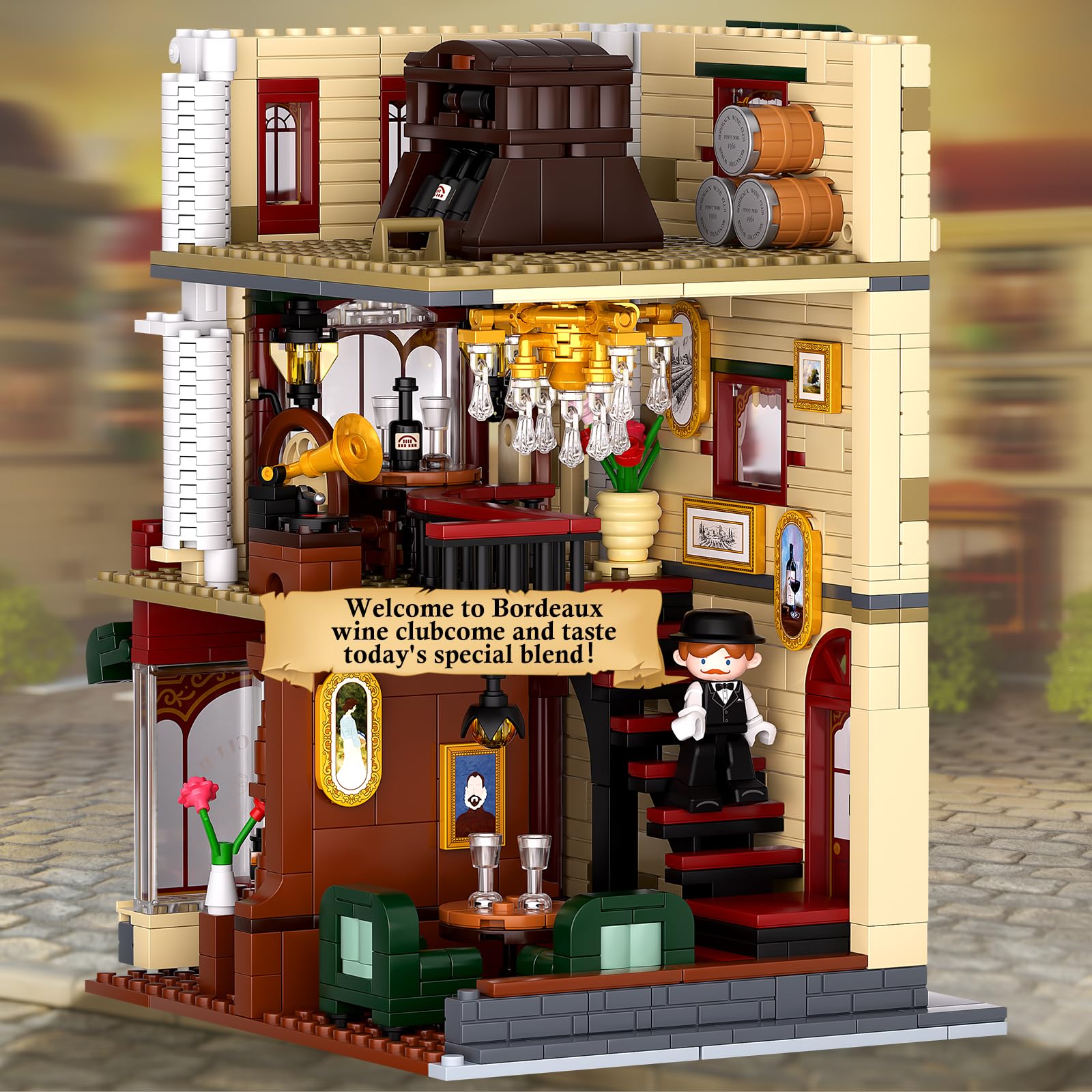 Bordeaux Wine Club Construction Building Set with LED Lights, City Town Winery Chateau House Building Kit, Vintage Collectible Model, Creative