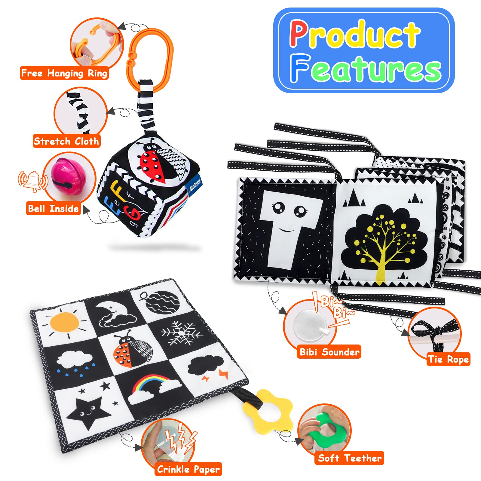 KUANGO 3 PCS Black and White High Contrast Baby Toys Newborn Toys 0-6 Months, Visual Stimulation Sensory Soft Book, Infant Tummy Time Toys 0-3-6