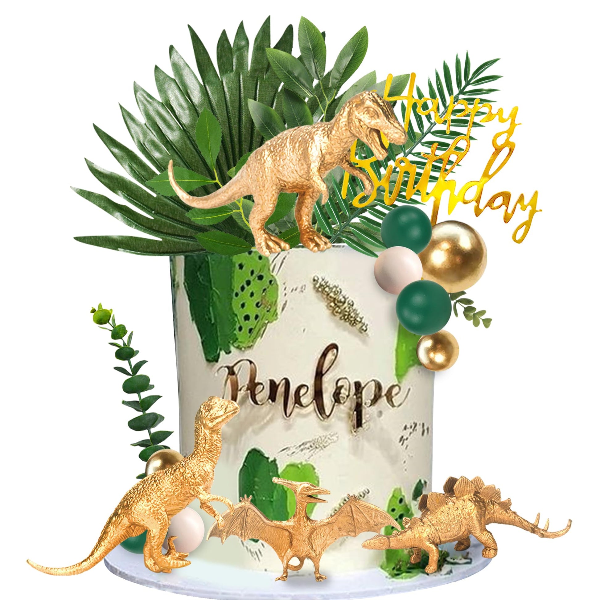 21 PCS Gold Dinosaur Cake Toppers Dinosaur Figures Green Ball Cake Decorations for Dinosaur Theme Birthday Supplies (Gold)