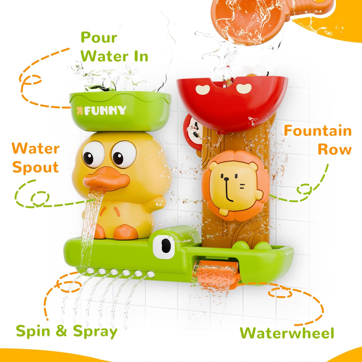 iPlay, iLearn Bath Toy for Toddlers 1-3, Baby Waterfall Duck Bathtub Toy W/ Suction Cup, Kid Bath Tub Shower Playset, Infant Bathtime Fun Birthday