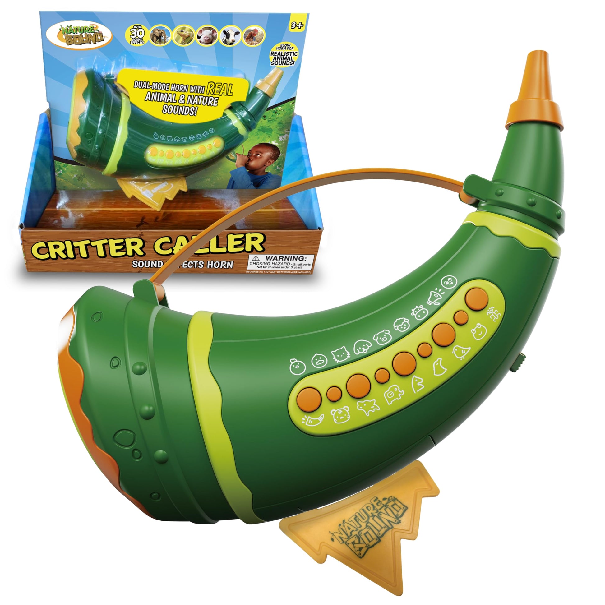 Critter Caller Sound Effects Horn for Kids - Over 30 Real Animal & Nature Sounds When You Blow in Horn -Nature Toy for Outdoor Exploration, Pretend