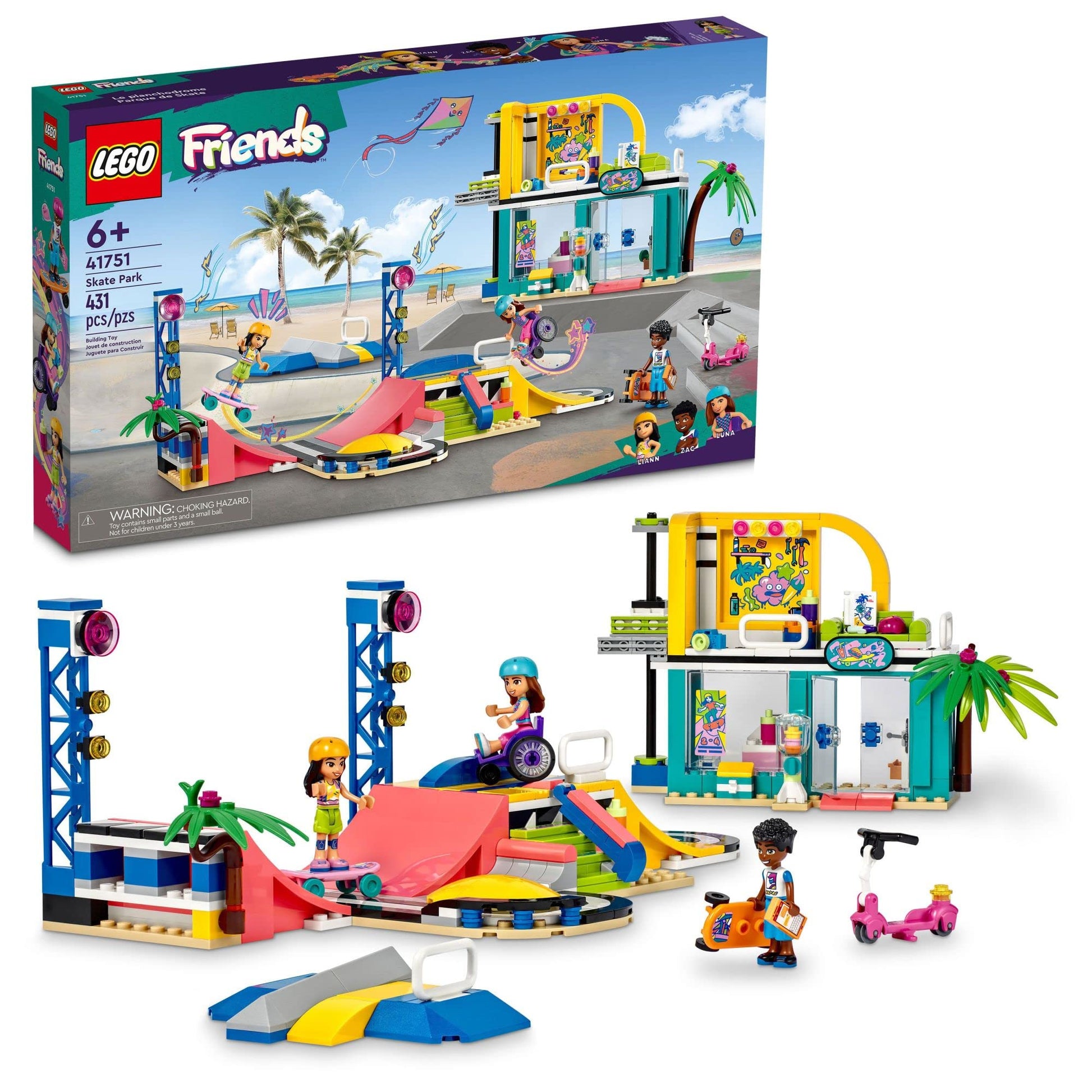 LEGO Friends Skate Park Set 41751, Skateboard Toys for Girls and Boys Ages 6 Plus, Mini-Doll Playset with Toy Scooter and Wheelchair, Birthday Gift