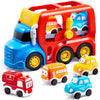 Vroomix JOVA Toddler Truck Toys for Age 2-4, Carrier Transport Trucks for Kids 2 3 4 5 Year Old Boy, 4 Pack Car Toys Including School Bus, Taxi, Fire