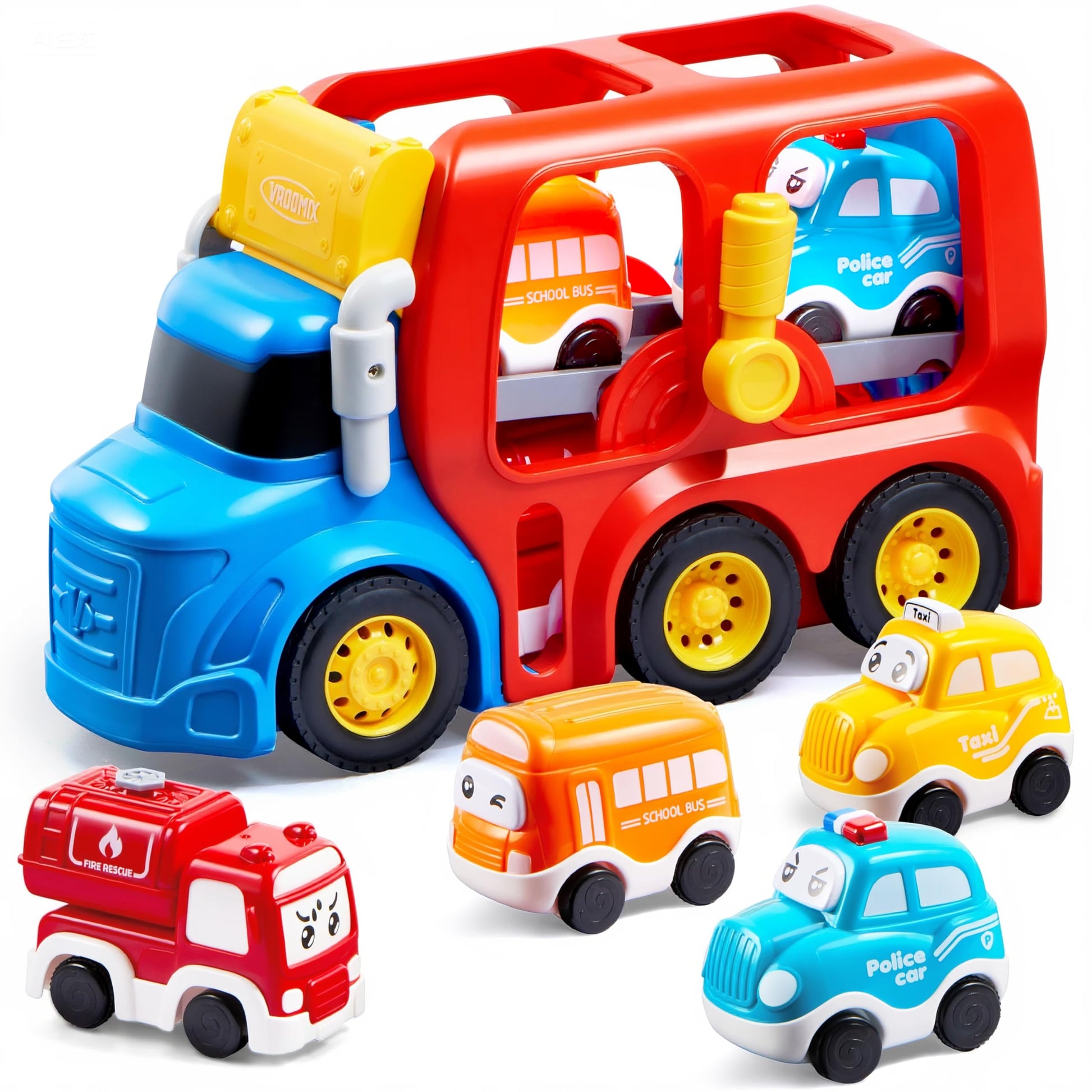 Vroomix JOVA Toddler Truck Toys for Age 2-4, Carrier Transport Trucks for Kids 2 3 4 5 Year Old Boy, 4 Pack Car Toys Including School Bus, Taxi, Fire