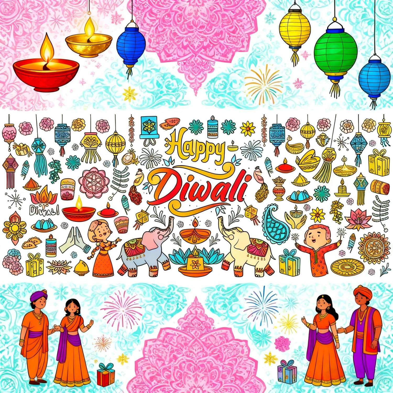KYMY Diwali Coloring Tablecloths, 2-Pack Deepavali Rangoli Mandala Painting Posters 72 x 35 Inches, Thick Paper DIY Drawing Table Covers for India