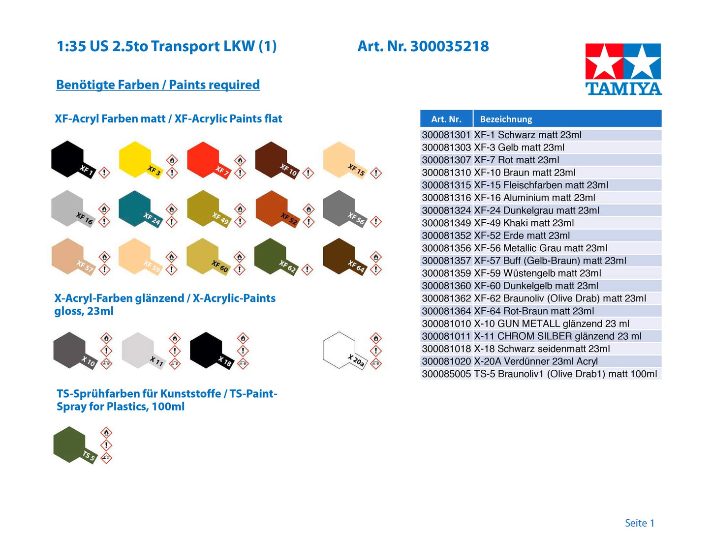 Tamiya 35218 1/35 US 2.5 Ton 6x6 Cargo Truck Plastic Model Kit