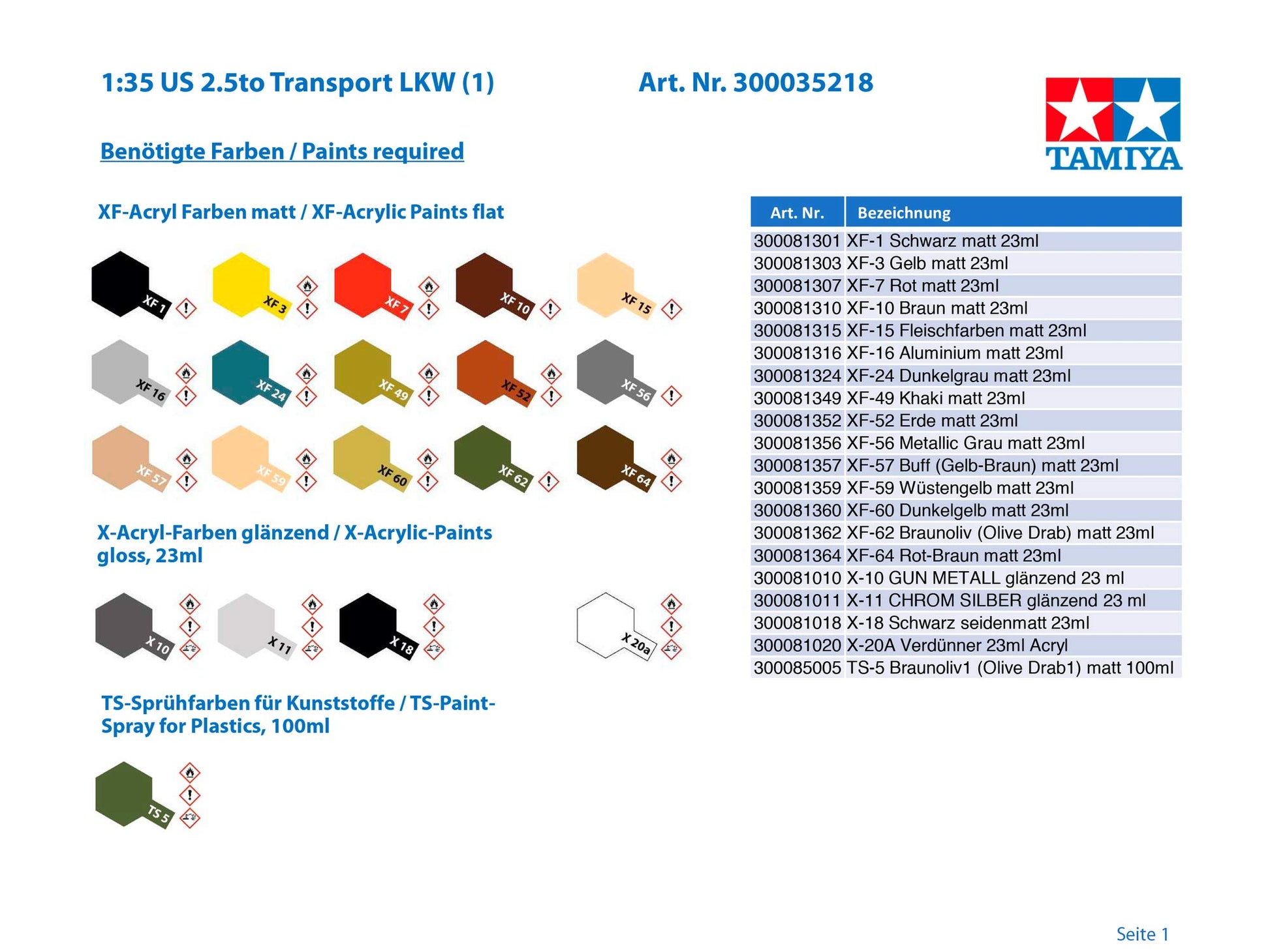 Tamiya 35218 1/35 US 2.5 Ton 6x6 Cargo Truck Plastic Model Kit