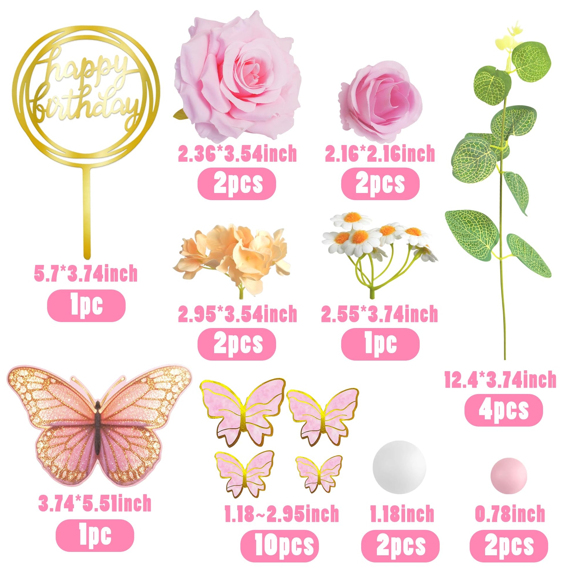 Pink Flower Butterfly Cake Toppers Happy Birthday Decoration with Artificial Pink Rose Flowers Eucalyptus for Birthday Wedding Spring