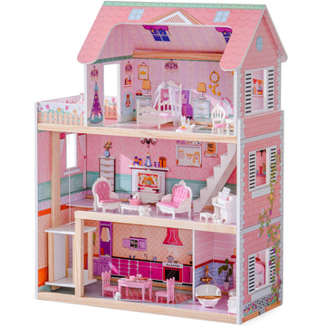ROBUD Wooden Dollhouse, Doll House Playset with 24-pcs Exquisite Accessories, Working Elevator, Gift for Ages 3+