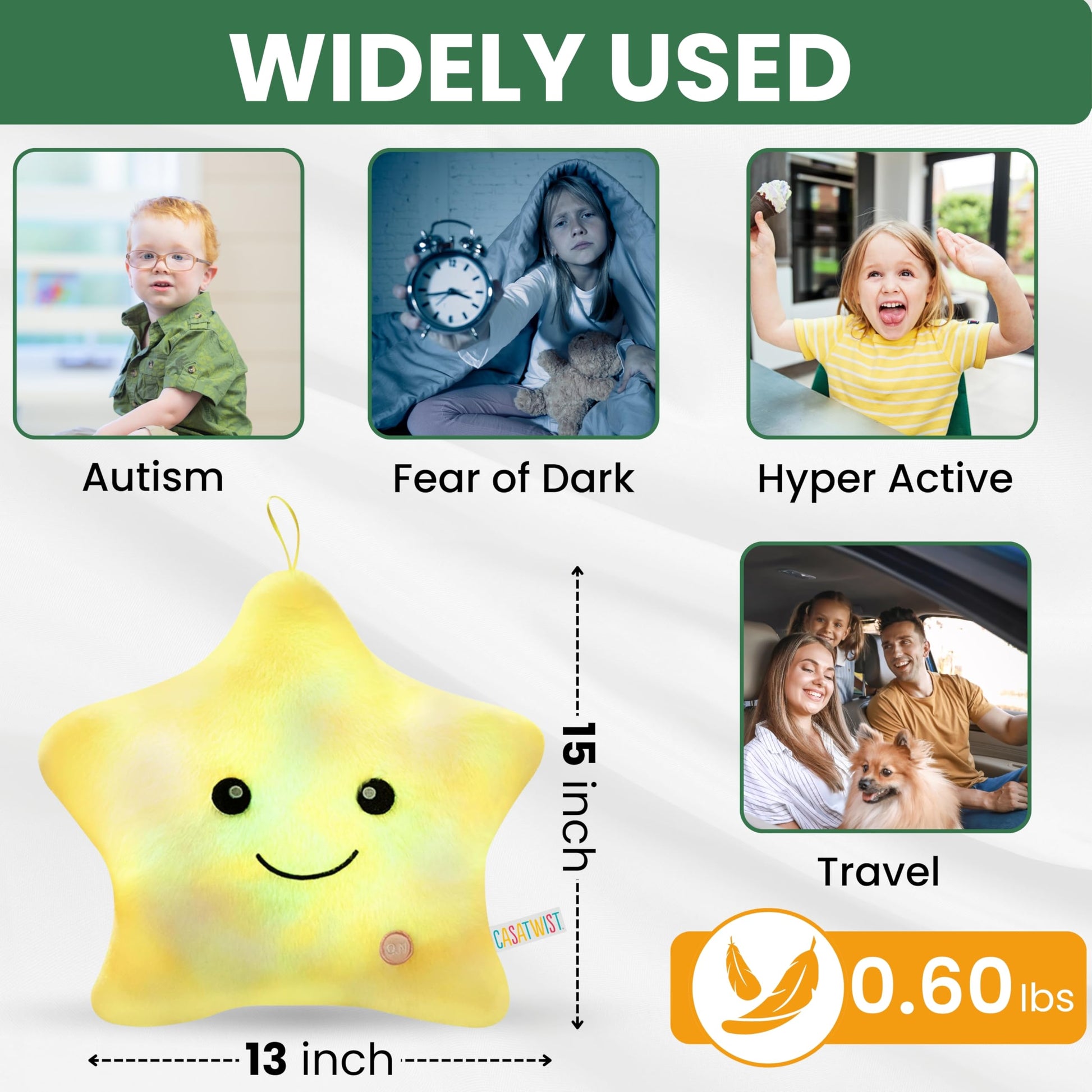 CASATWIST Premium 15” Twinkle Led Star Light Up Plush Pillow with Lights, Sensory Toys for Kids with Autism, Boys Girls Room décor ADHD Cute Glow in