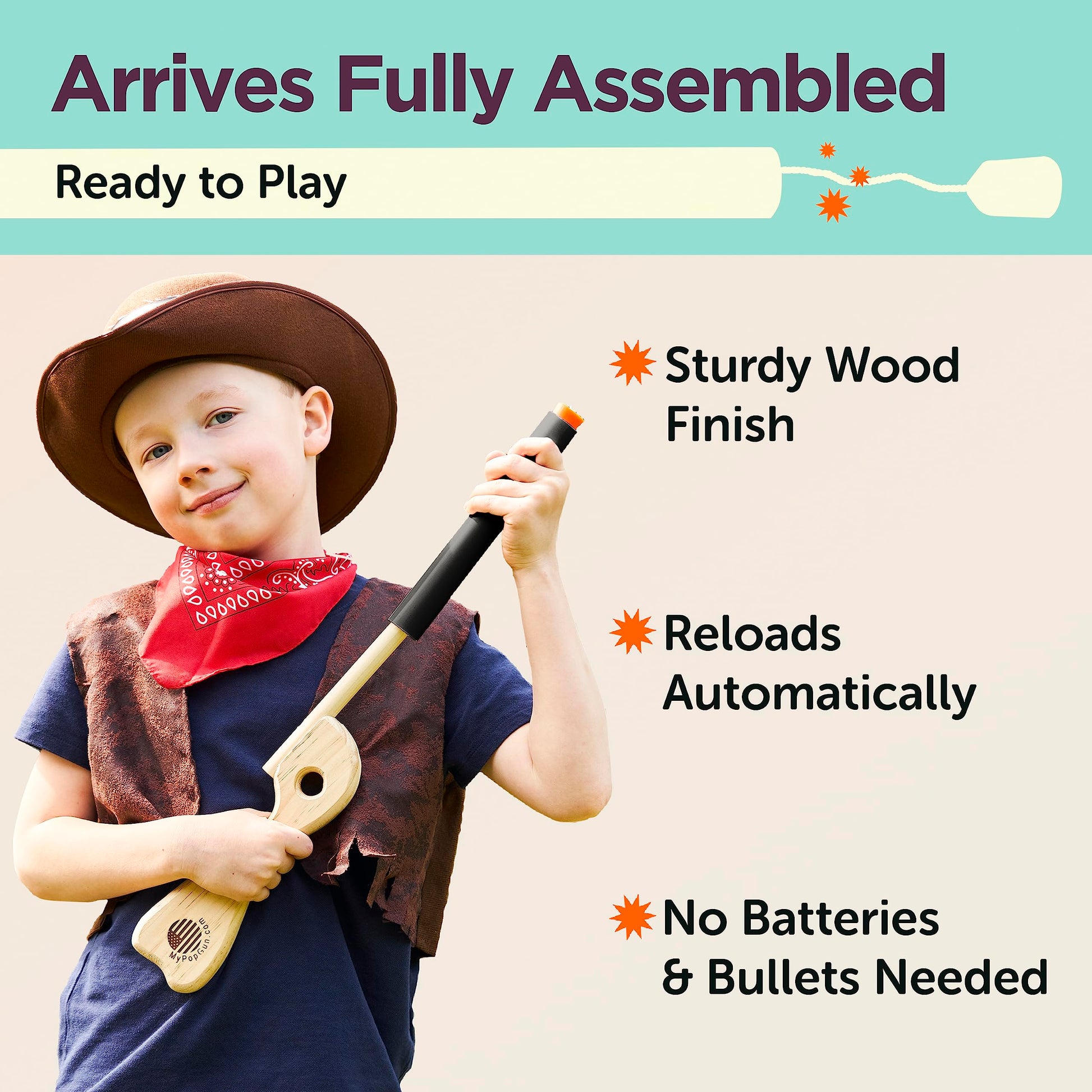Black Toy Pop Gun for Kids - Wooden Toy Guns for Boys 3-12, Fake Gun