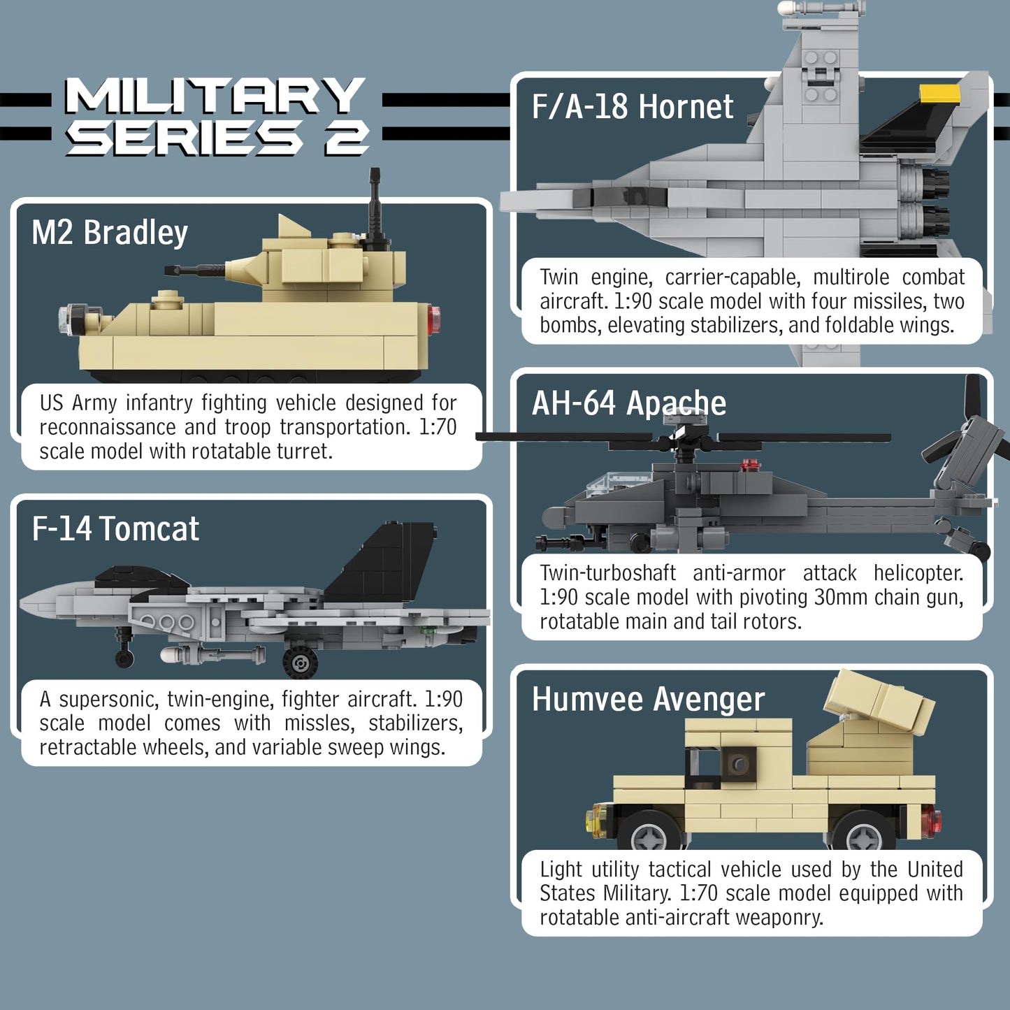 Apostrophe Games 5 Military Building Block Sets (730 Pieces) F/A-18 Hornet, F-14 Tomcat Fighter Jet, AH-64 Apache Helicopter, M2 Bradley Tank,