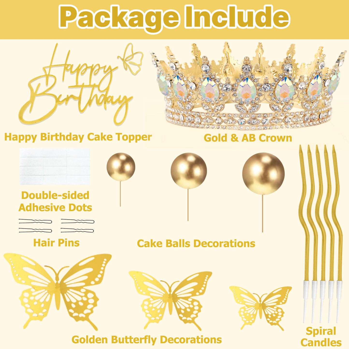 ZOYVUX Birthday Crown Cake Topper, Cake Decorations with Happy Birthday Cake Topper, Balls, Gold Butterflies, Corona Para Pastel for Women, Princess