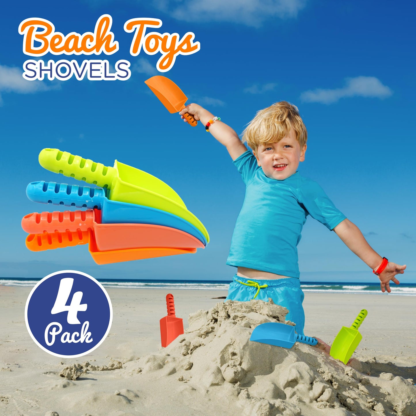 4E's Novelty 4 Pack Beach Shovels 8 Inch, Heavy Duty Plastic Sand Shovel for Kids, - Great for Planting Gardening Shovels for Toddlers, Outdoor