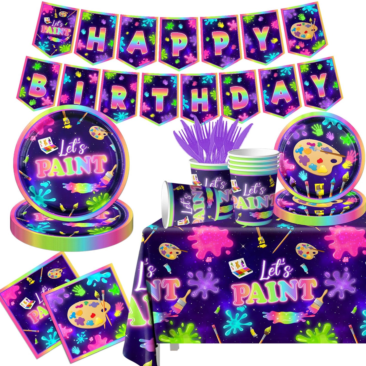 Art Painting Party Supplies,142pcs Paint Splatter Party Tableware Neon Glow Decorations Set Art Party Dessert Plates Paint Splatter Napkins Let’s
