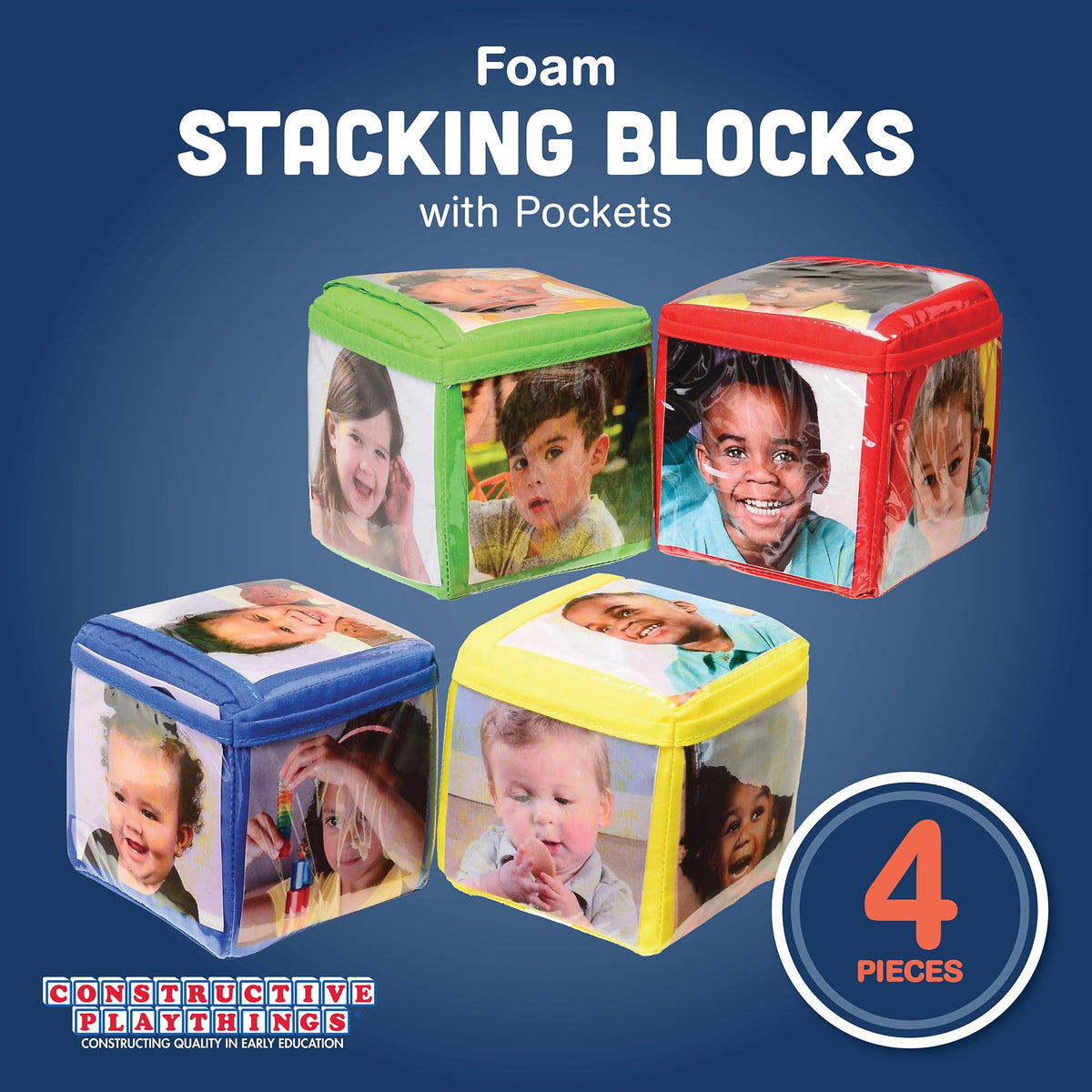 Constructive Playthings Customizable Stacking Block Toys with Clear Pockets for Ages 12 Months+, Toddler Soft Foam Building Blocks, Builds Fine Motor