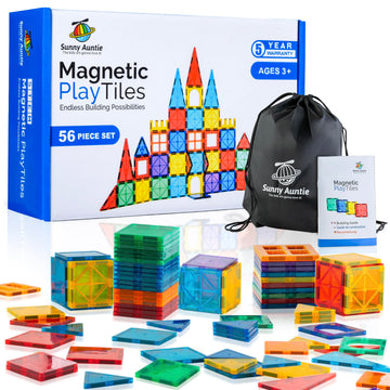 SUNNY AUNTIE Magnetic Tiles 56 PCS Building Set - Magnetic Building Tiles STEM Toy for Kids & Toddlers Ages 3-8, Magnet Construction Set for Boys