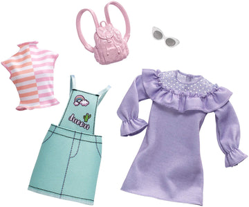 Barbie Clothes - 2 Outfits Doll Feature Pastels Like Light Green Overalls with Cute Graphics and Pink Backpack, Gift for 3 to 8 Year Olds