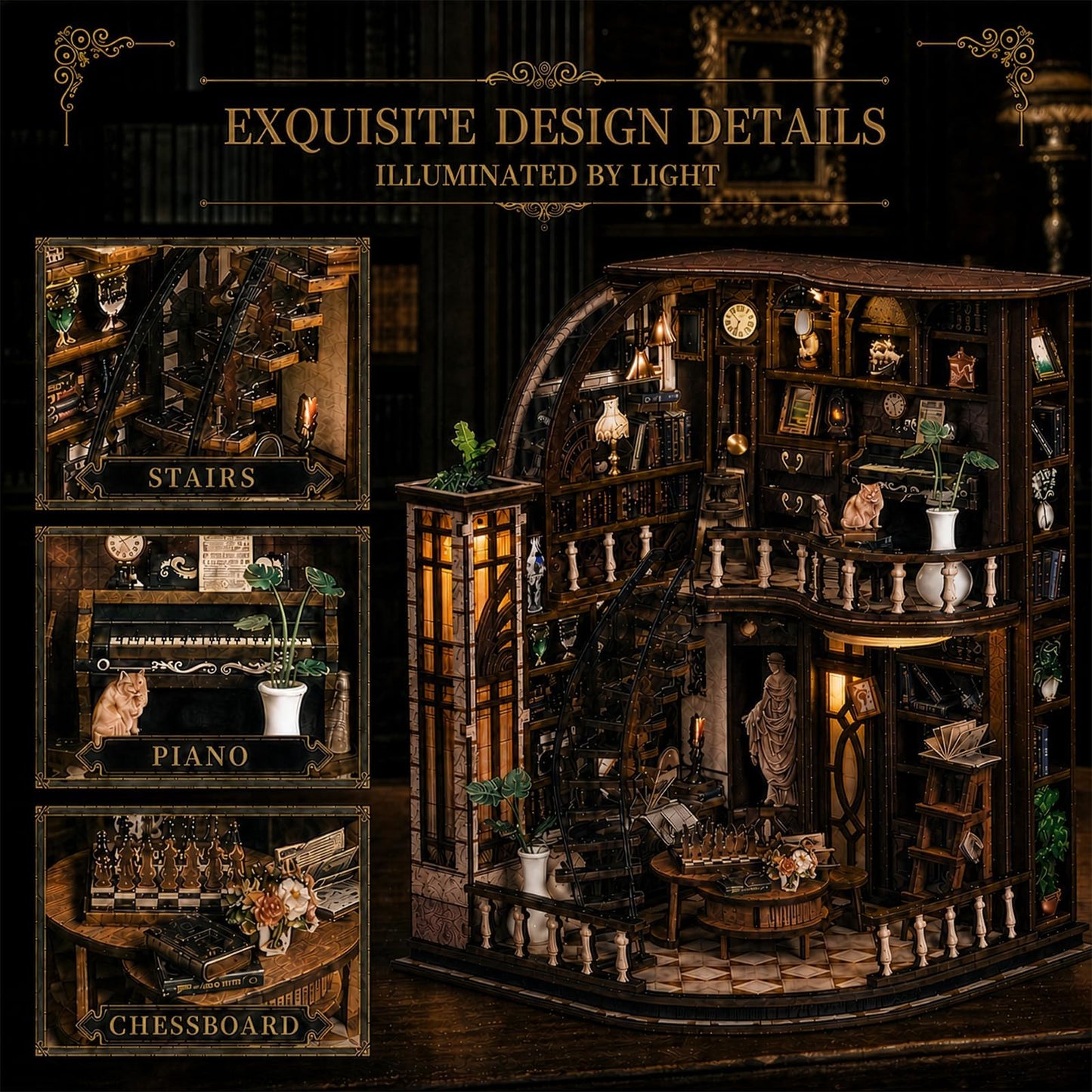 CLICLIET Book Nook, DIY Book Nook Kits for Adults, 3D Wooden Dollhouse Puzzle Craft Kits, Model Miniature House Kit with LED Light, Gift for Family