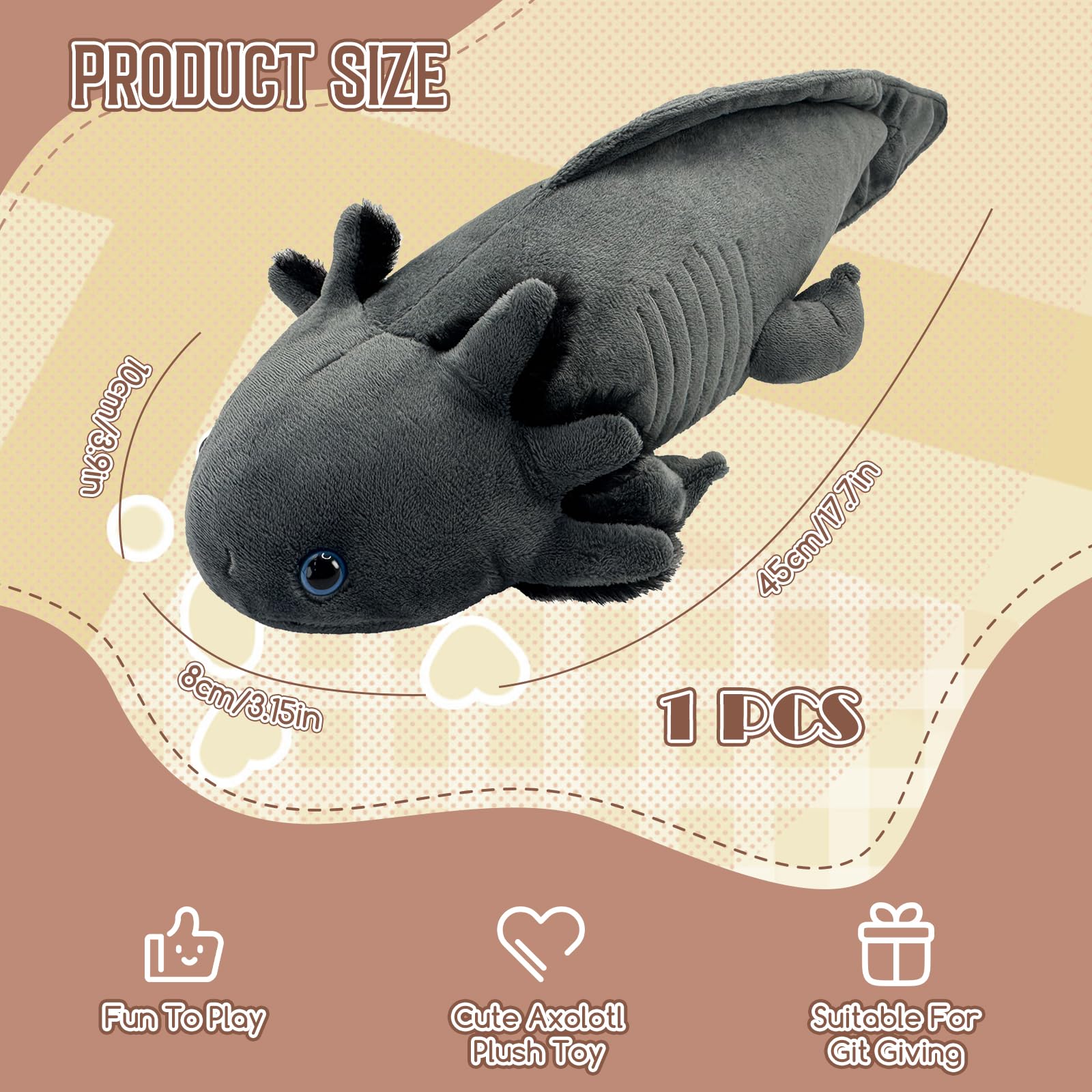 Roqei Axolotl Plush - Soft Grey Axolotl Stuffed Animal, 19 Inch Cute Salamander Plush Pillow, Kawaii Plushie Toy, Birthday Gifts for Kids and Youth