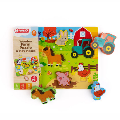 Jasey's Toy Chest Wooden Farm Puzzle & Play Pieces | 9-Piece Chunky Animal Puzzle with Board | Educational Toy for Toddlers Ages 12+ Months