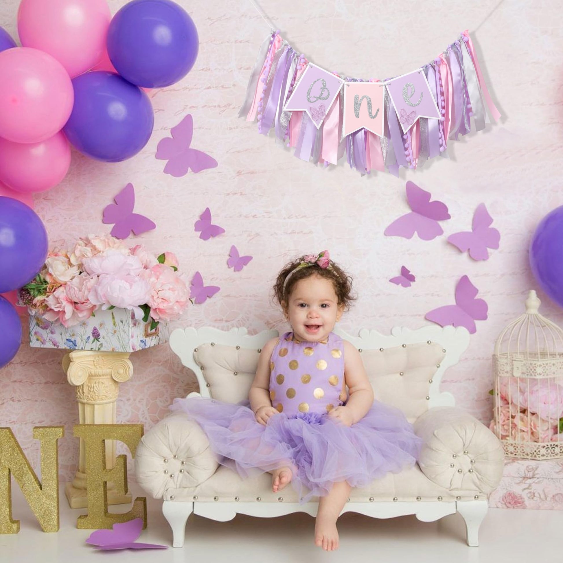 Pink & Purple Butterfly 1st Highchair Banner for Girls - Spring Butterfly One Party Decor & Cake Smash Photo Prop