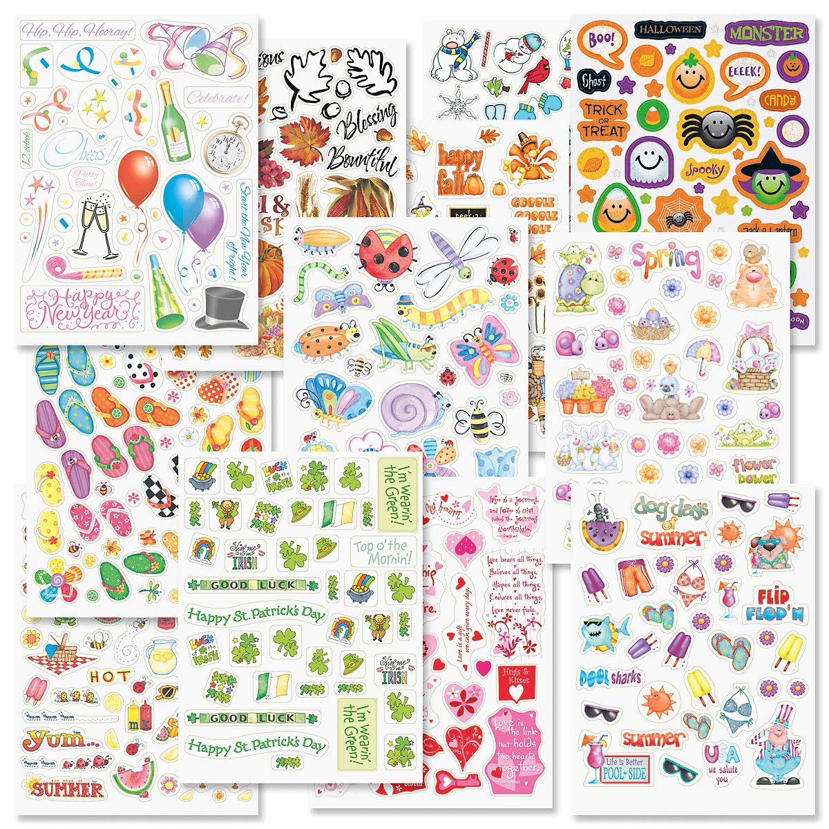 Current Year-Round Themed Sticker Variety Pack - 12 Sheets, 178 Assorted Stickers for Kids, Teachers, School, Scrapbooking, Journals, Monthly