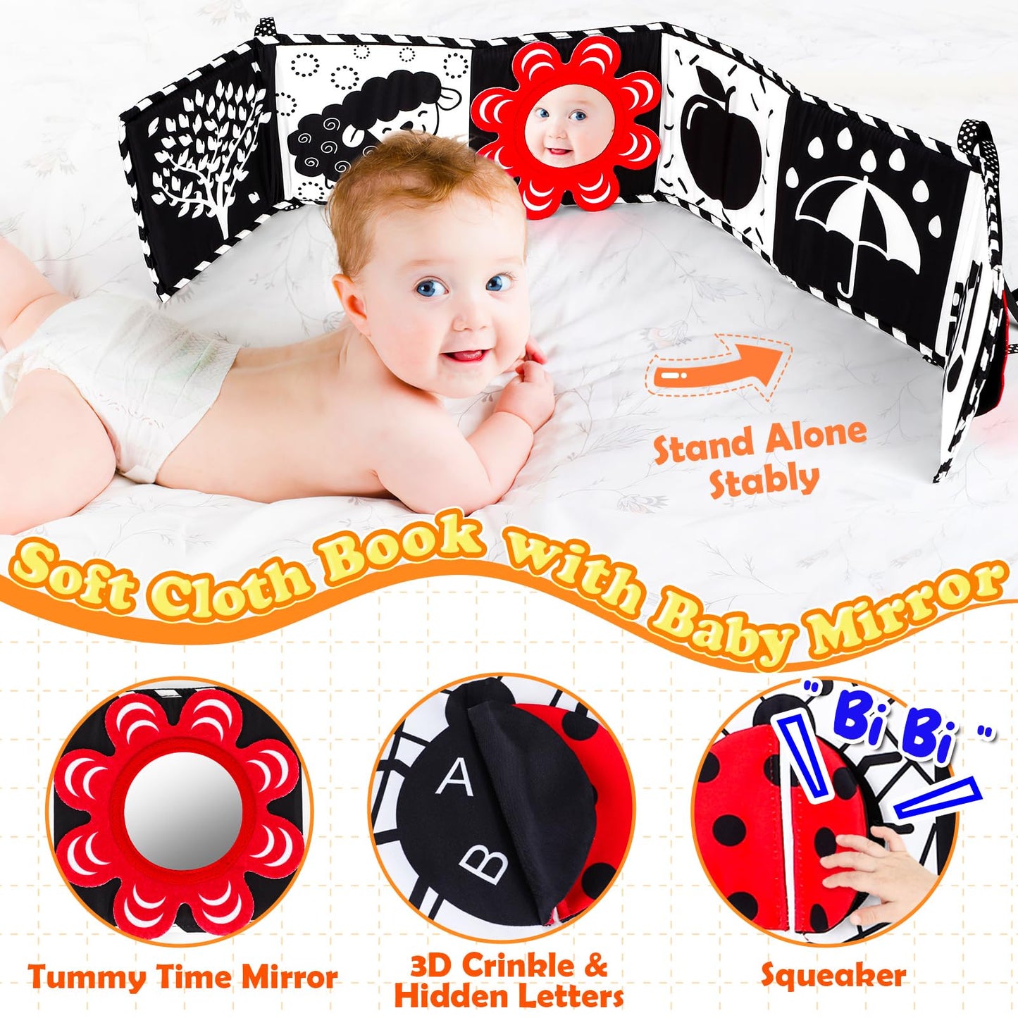 High Contrast Baby Toys for Newborn Infant 0-6 Months Montessori Tummy Time Black and White Sensory Crinkle Toys 0-3 3-6 Months Soft Books Carseat