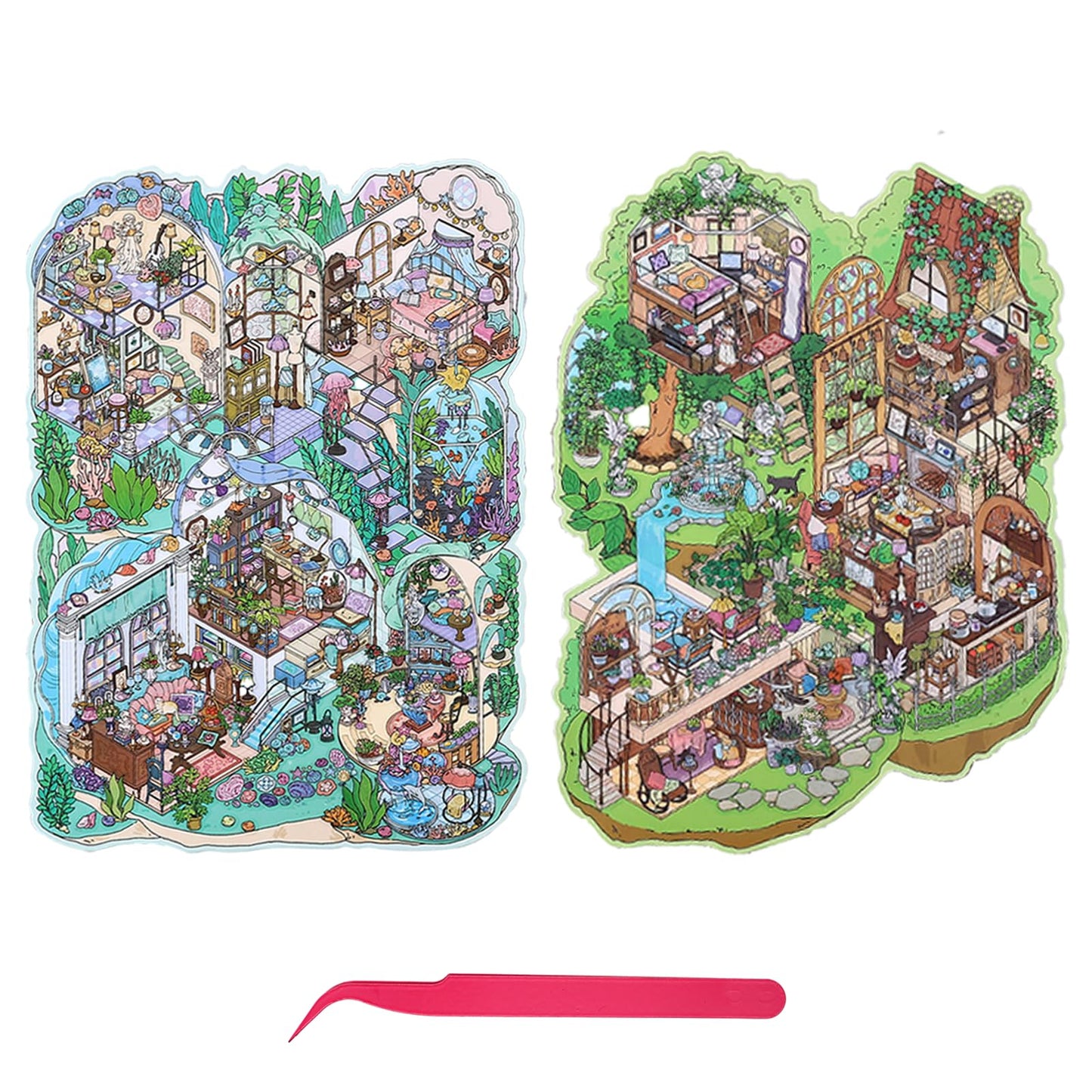 Extra Large Villa Scene Sticker Set, 2 Super Complex House & Room Isometric Miniature Creative Play Kits Include Big Size Background Card with 3D DIY