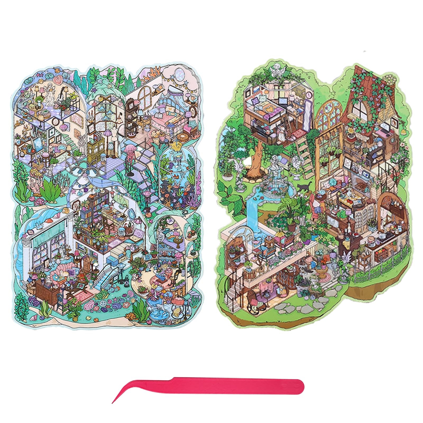 Extra Large Villa Scene Sticker Set, 2 Super Complex House & Room Isometric Miniature Creative Play Kits Include Big Size Background Card with 3D DIY