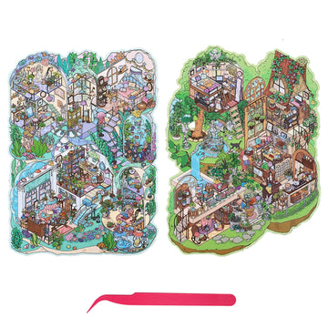 Extra Large Villa Scene Sticker Set, 2 Super Complex House & Room Isometric Miniature Creative Play Kits Include Big Size Background Card with 3D DIY