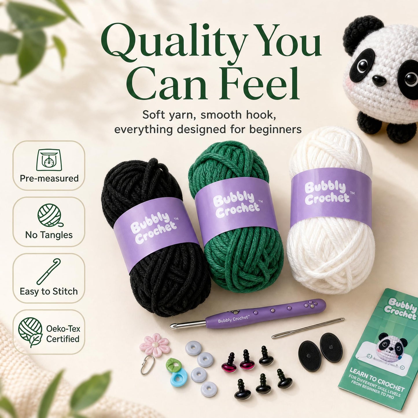 Bubbly Crochet Pom Pom the Panda Beginner Crochet Kit - DIY Plush with Custom Eyes & Bamboo Accent, Guided Tutorials & All-in-One Tools - Amigurumi