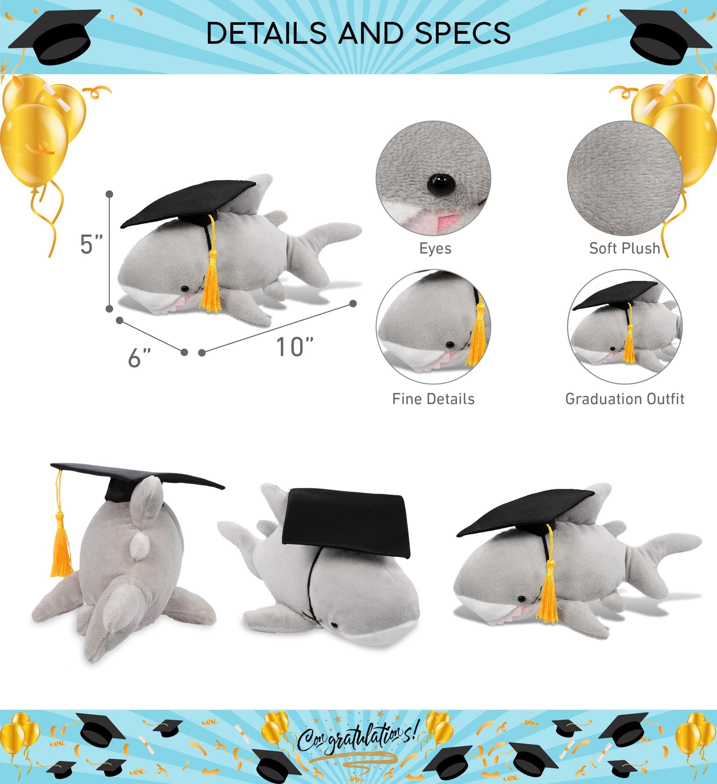 DolliBu Shark Graduation Plush Toy - Soft Huggable Graduation Stuffed Animal Dress Up with Gown and Cap with Tassel Outfit - Gift with Personalization