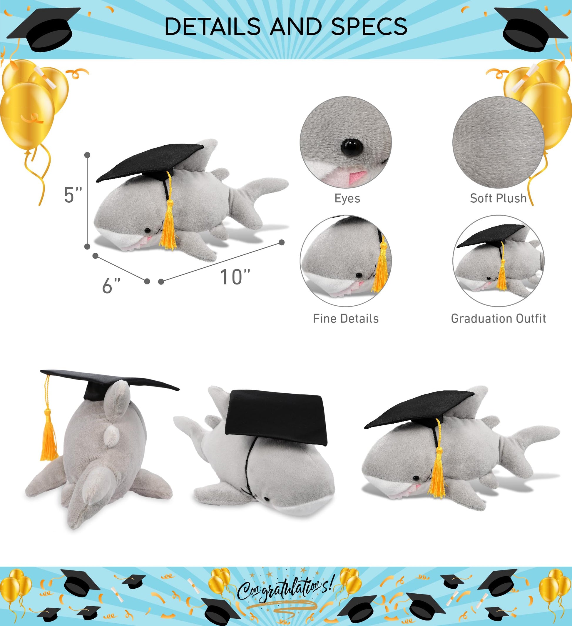 DolliBu Shark Graduation Plush Toy - Soft Huggable Graduation Stuffed Animal Dress Up with Gown and Cap with Tassel Outfit - Gift with Personalization