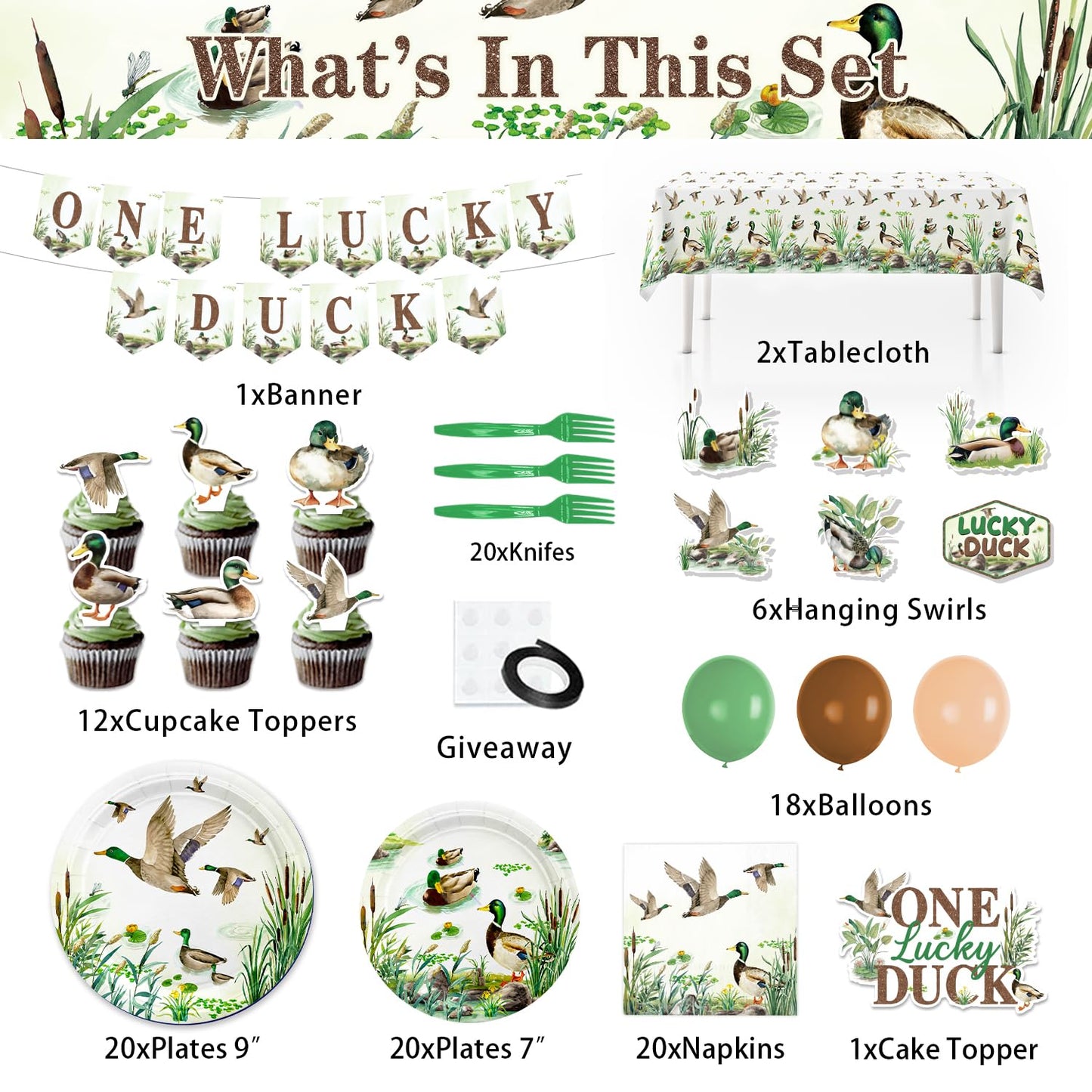 One Lucky Duck Birthday Decorations - 120PCS Mallard Duck Baby Shower Decorations with Banner, Hanging Swirls, Balloons, Tablecloths, Plates, Napkins