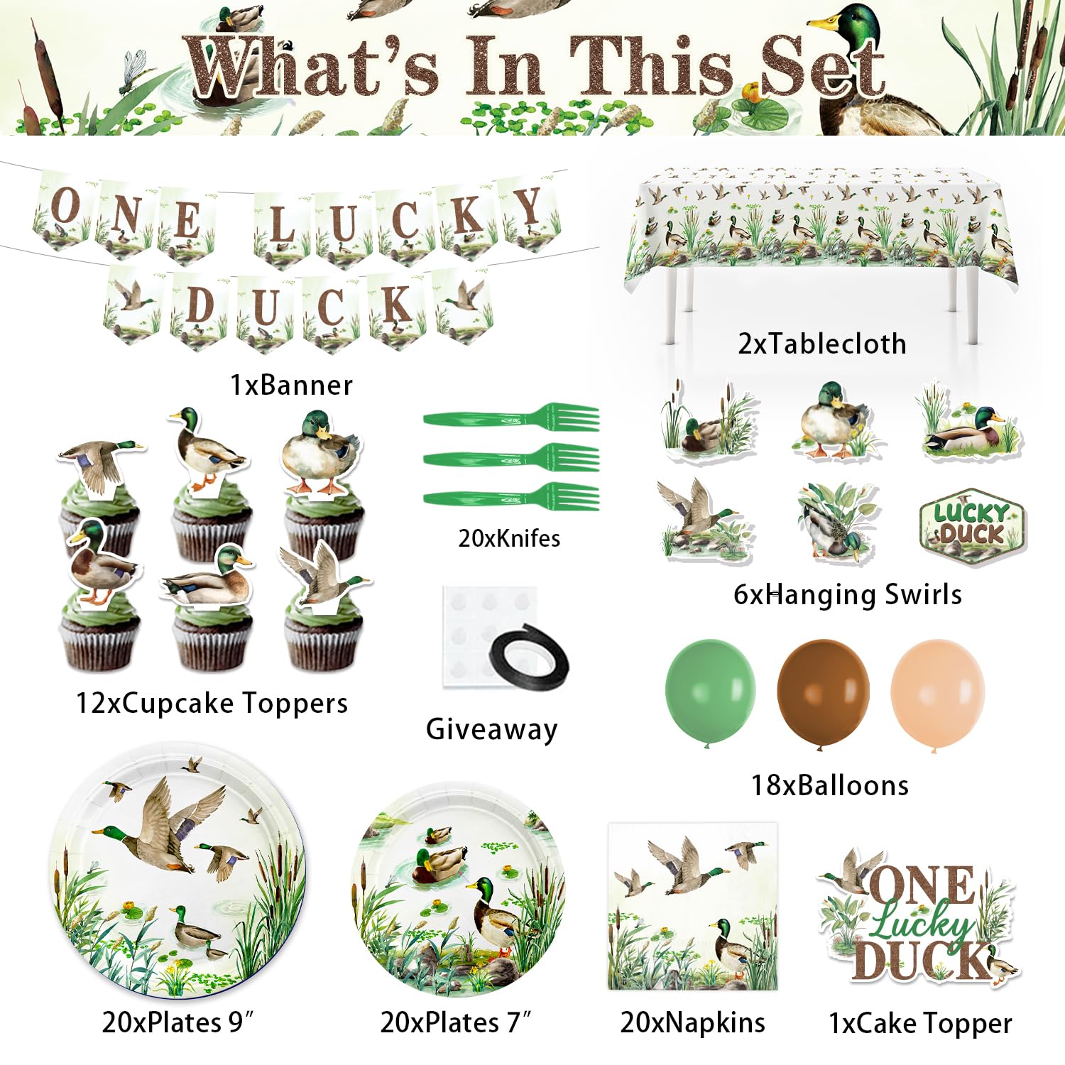 One Lucky Duck Birthday Decorations - 120PCS Mallard Duck Baby Shower Decorations with Banner, Hanging Swirls, Balloons, Tablecloths, Plates, Napkins