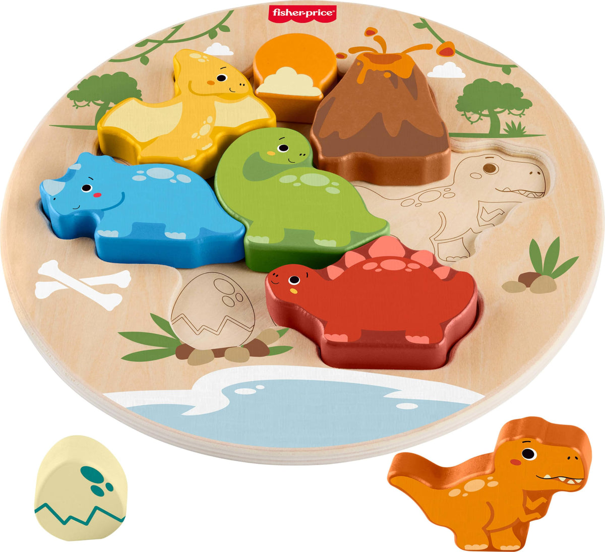 Fisher-Price Wood Toddler Toy 2-in-1 Dinosaur Puzzle, 8-Piece Wooden Activity for Developmental Play Preschool Kids Ages 2+ Years