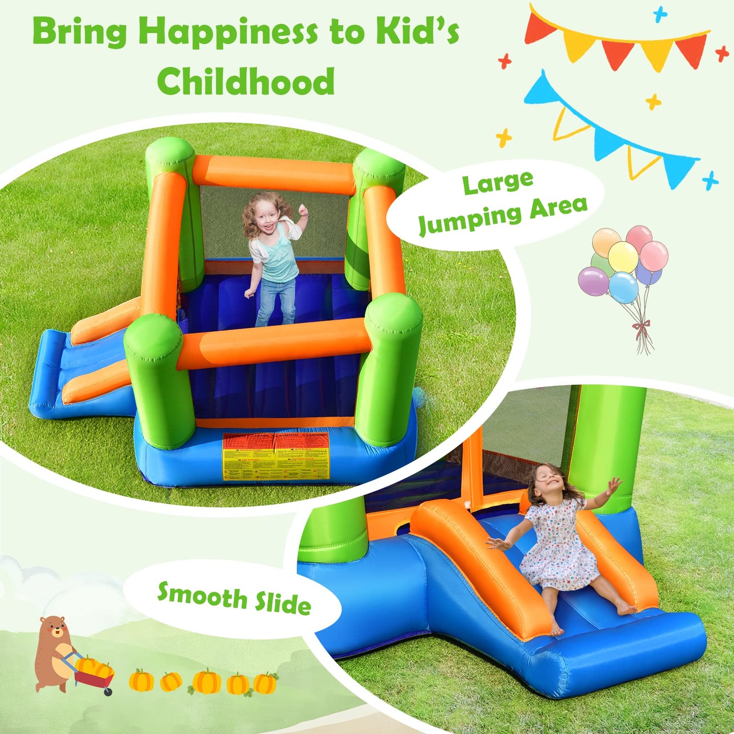JIMUOO Inflatable Bounce House, Kids Bounce Castle Outside, Jumping Castle Bouncer w/Slide, Large Jumping Area, 2-in-1 Bouncy House for Toddler, Kids