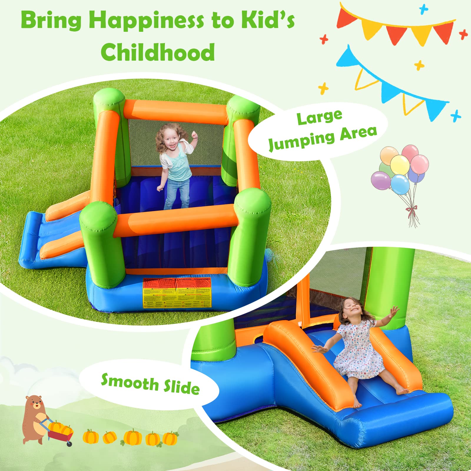 JIMUOO Inflatable Bounce House, Kids Bounce Castle Outside, Jumping Castle Bouncer w/Slide, Large Jumping Area, 2-in-1 Bouncy House for Toddler, Kids
