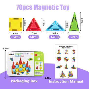 JoxSaxin mini Magnetic Tiles,70pcs Travel Magnetic Tiles Set with Iron Box,Portable Magnetic Building Blocks for Kids Ages 3-8,STEM Montessori
