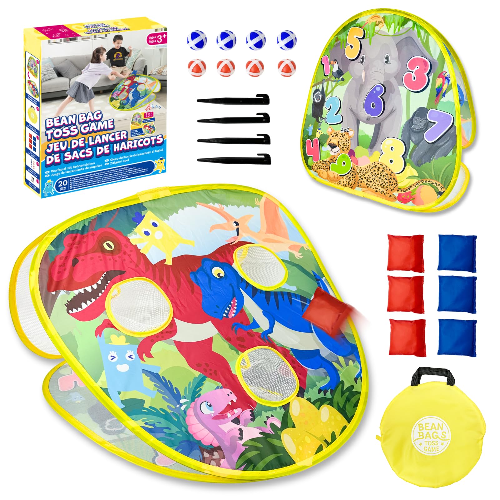 Grip Kids 2-in-1 Dinosaur & Animal Bean Bag Toss Game - Double-Sided 27" Target Board with 6 Bean Bags - Outdoor & Indoor Toy for Toddlers & Kids Ages