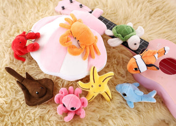 Plush Soft Stuffed Ocean Sea Animals Playset with Plush Shell Package House for Storage Includes Stuffed Turtle, Lobster, Crab, Dolphin, Stingray