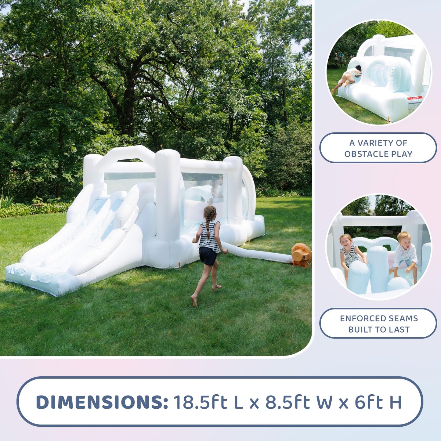 Bounceland Obstacle Dream Bouncer Combo Slides,18.5 ft x 8.5 ft x 6 ft H, Air Blower Included with GFCI, Dual Slides, Obstacle Course, Trendy Neutral
