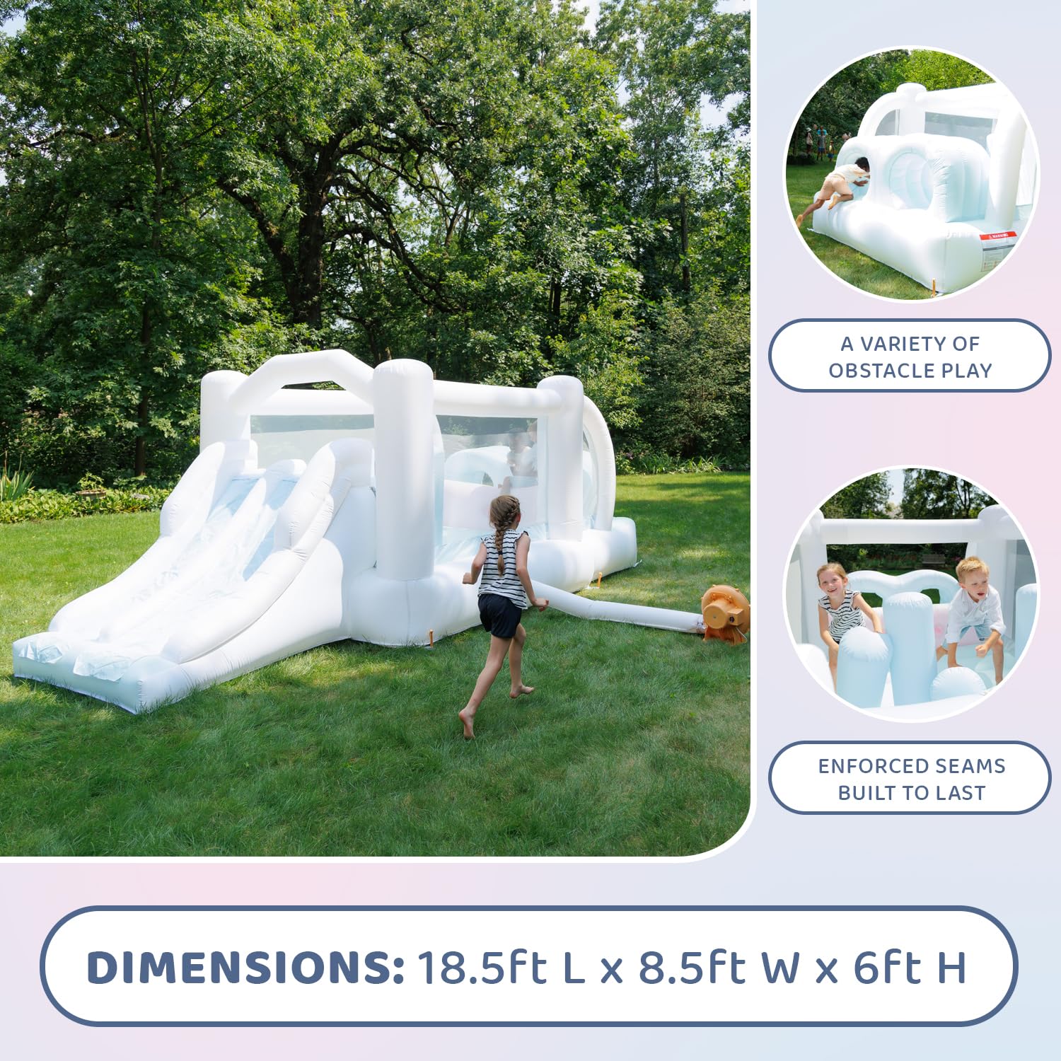 Bounceland Obstacle Dream Bouncer Combo Slides,18.5 ft x 8.5 ft x 6 ft H, Air Blower Included with GFCI, Dual Slides, Obstacle Course, Trendy Neutral