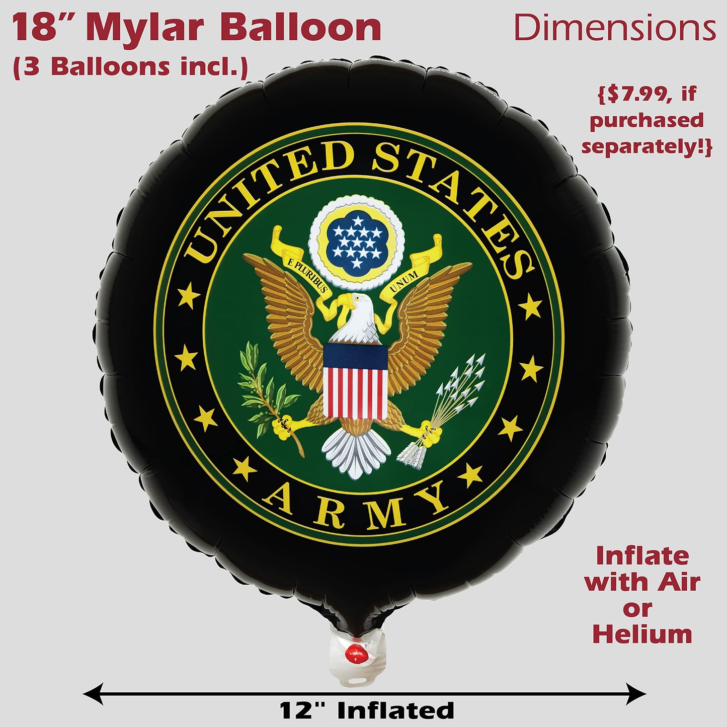 Havercamp U.S. Army Party Balloons (3pcs.)! 18" Round Foil Mylar Balloons. U.S. Army Licensed. American Heroes Military Camo Collection.